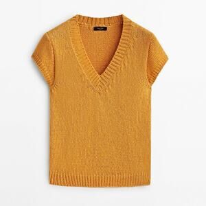 Massimo Dutti Yellow Orange Knit V Neck Short Sleeve Sweater Large